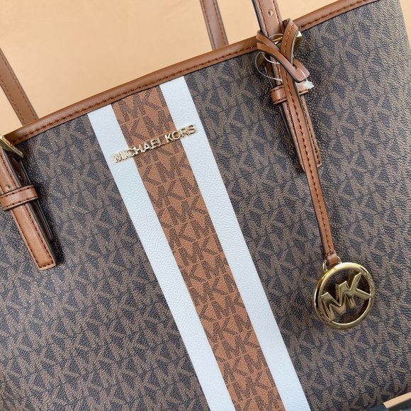 Michael Kors Jet Set Travel MD Carryall Shoulder Tote Bag Center Stripe MK Brown - Picture 8 of 11